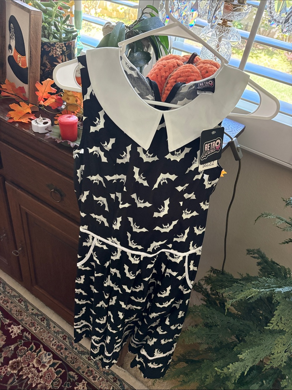 Retrolicious Black and White Bat-Print Midi Dress with White Peter Pan Collar